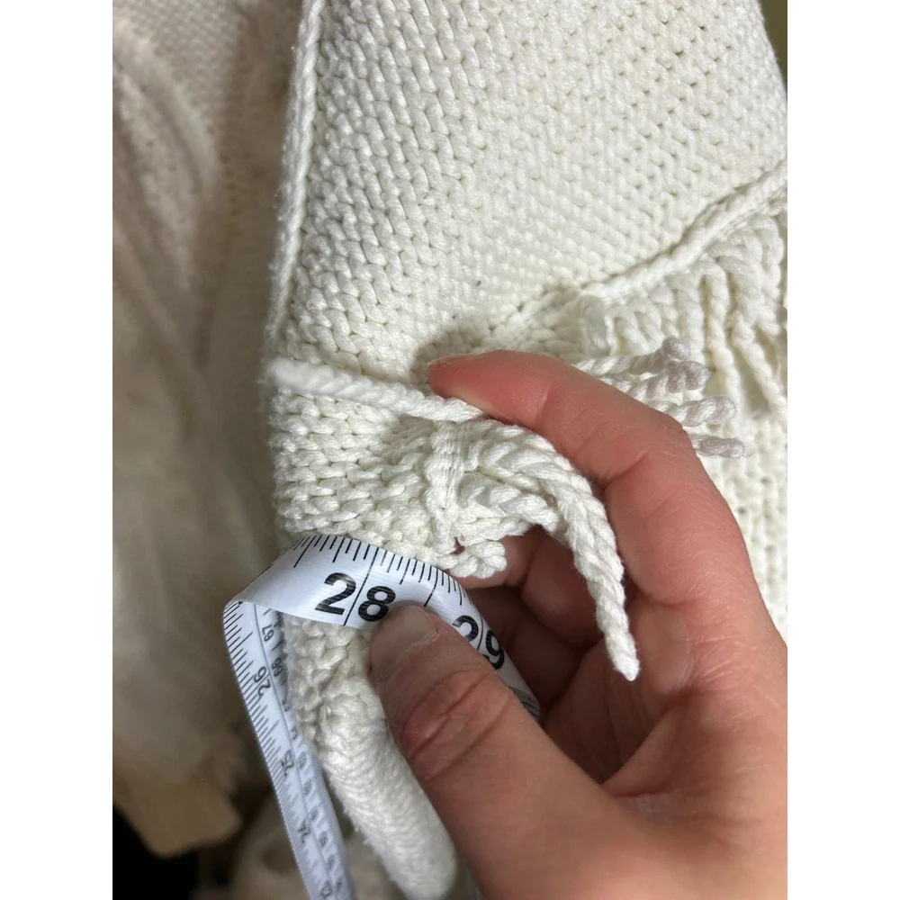 Macrame Line & Dot Cable Knit Fringe Sweater Heavy Cozy Boho Statement - Picture 6 of 6